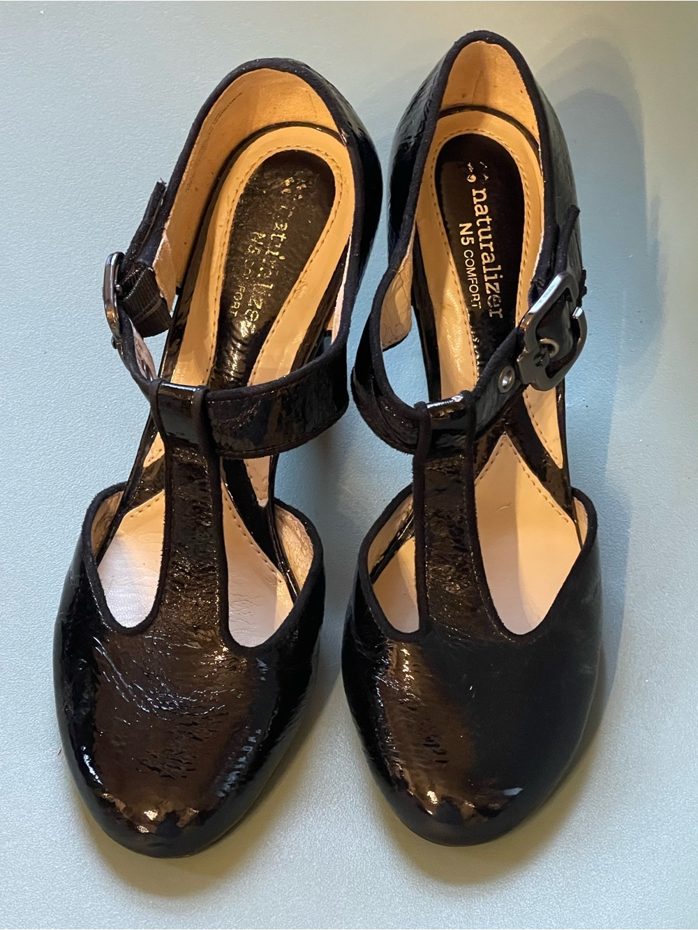 Naturalizer Black Patent T-Strap Heels with Ankle Buckle